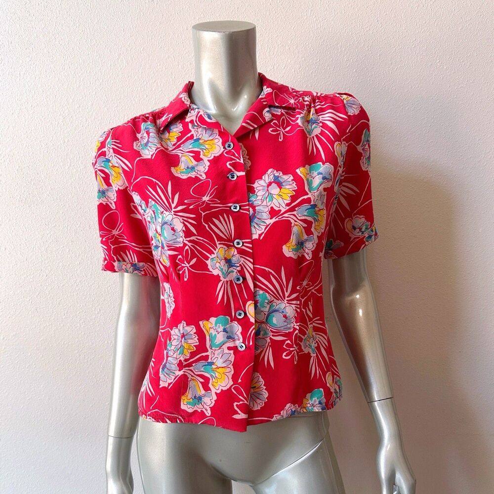 Ines De La Fressange Silk Blouse Top 38 Red Floral Puff Sleeves 1940s-50s Style
